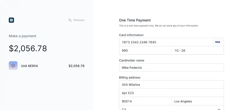 Online payment form showing a one-time payment of $2,056.78 for unit AE954, with fields filled for Visa card number, expiration date, CVV, cardholder name Mike Frederick, and billing address in Los Angeles.