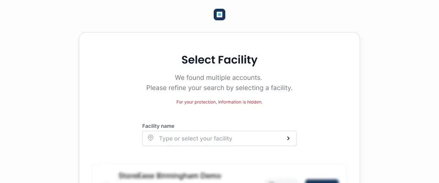 Payment interface prompting to select a facility with a dropdown input labeled 'Type or select your facility' and instructions to refine search due to multiple accounts.