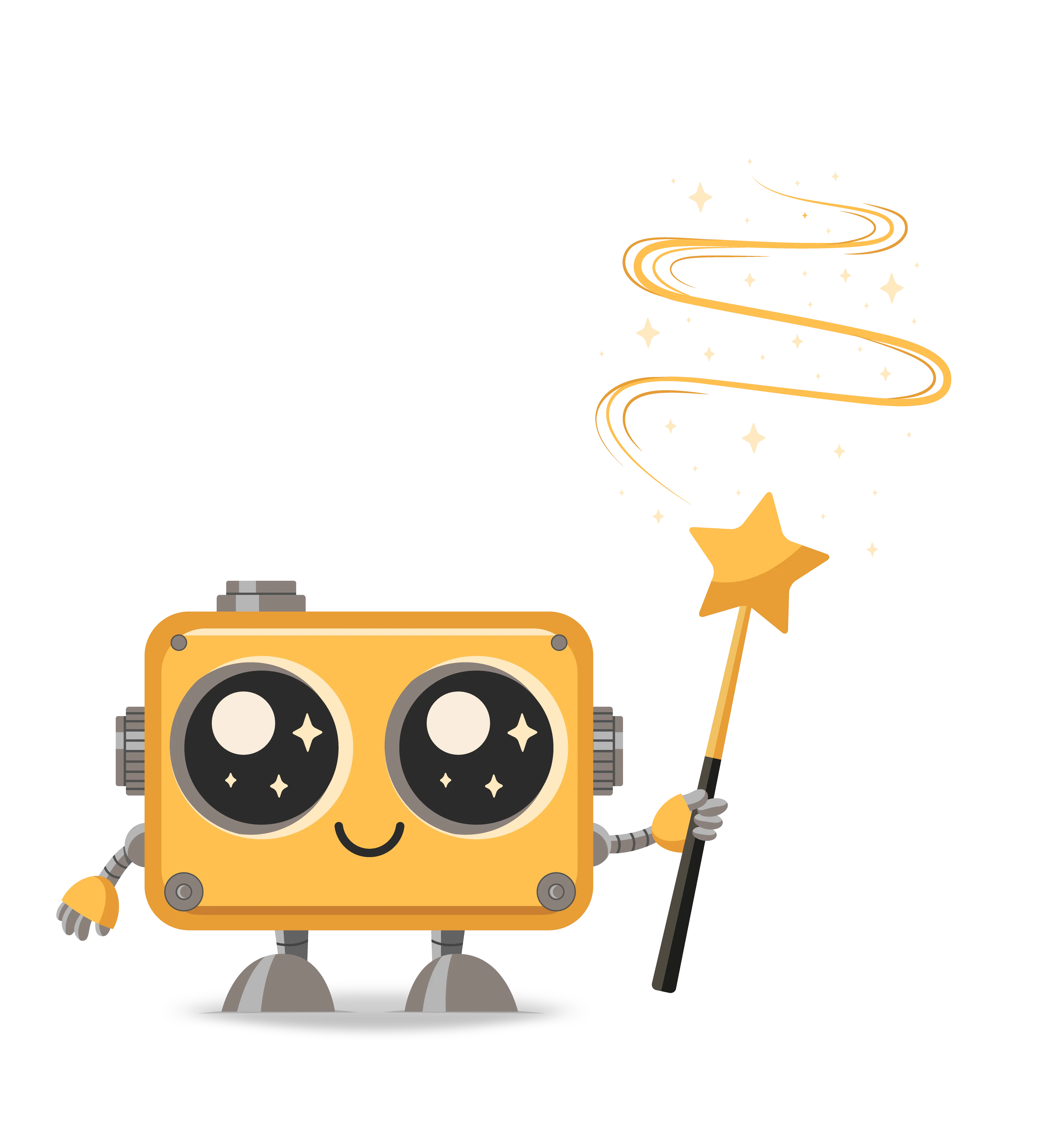 Cute yellow rectangular robot holding a star-tipped magic wand with sparkling stars around it.