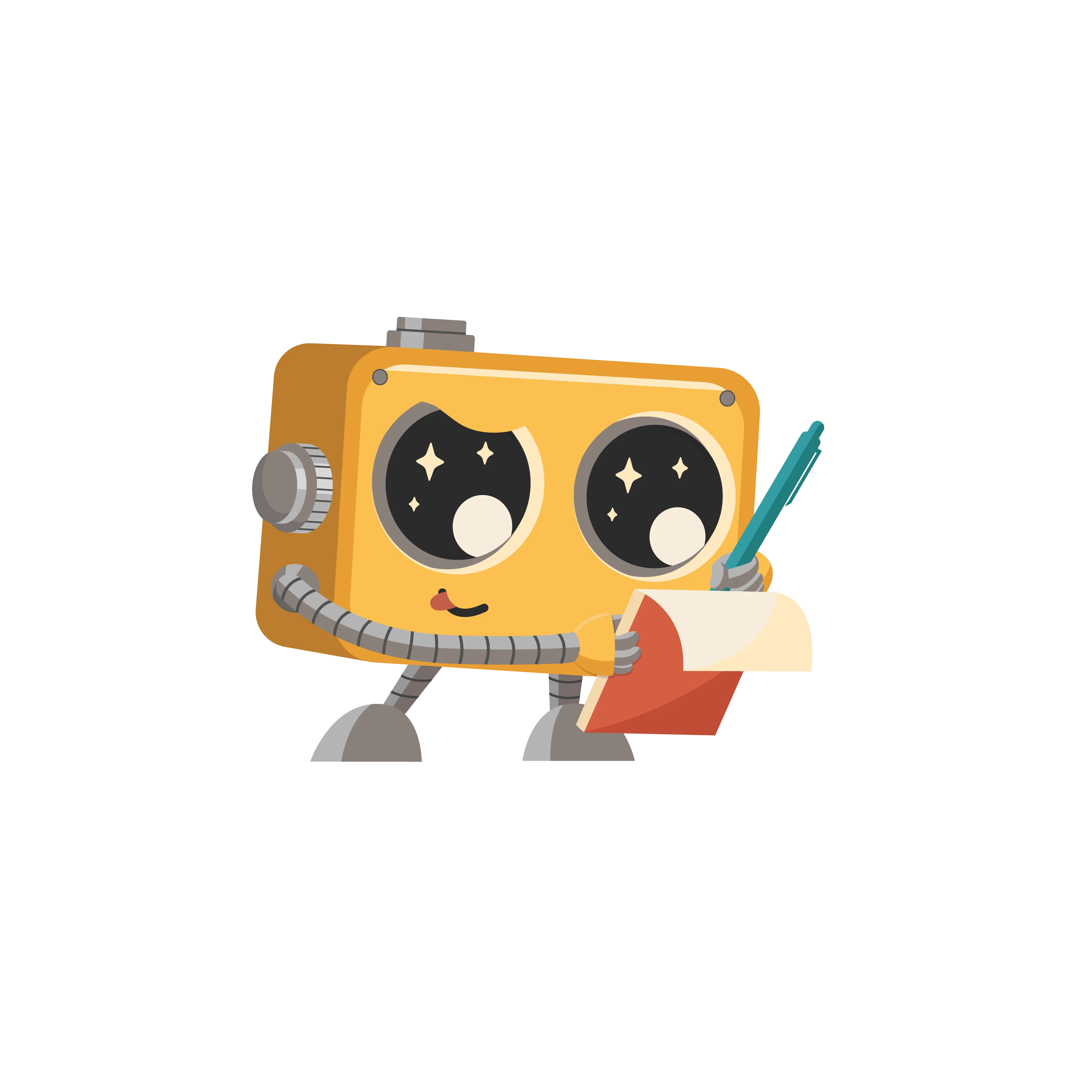 Cute yellow robot with big shiny eyes writing on a notepad with a blue pen.