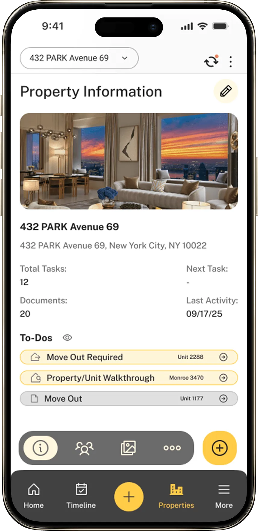 Mobile app screen showing property details for 432 PARK Avenue 69 with tasks and documents listed.