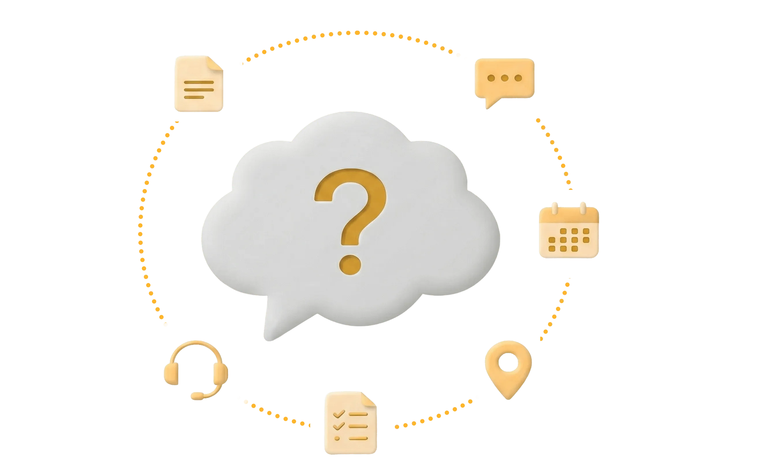Question mark inside a speech bubble surrounded by icons of document, chat, calendar, location, checklist, and headset.