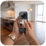 Hand holding a smart home security camera with a live video feed in a modern kitchen.