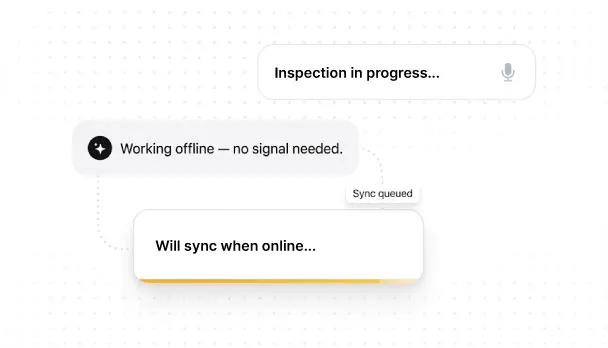 Interface showing offline mode with messages: Inspection in progress, working offline with no signal, will sync when online.