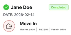 Task card showing completed move-in for Jane Doe at Monroe 3470 with date February 14, 2026.
