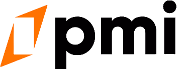 PMI company logo with stylized orange geometric shape next to black lowercase letters pmi.
