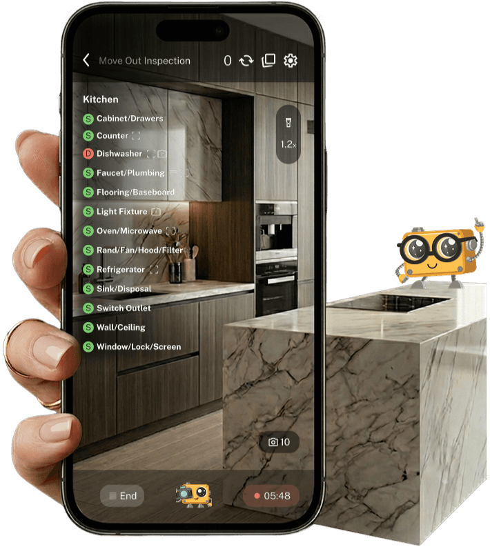 Smartphone displaying a kitchen inspection app showing a summary of standard use and wear in a modern kitchen.