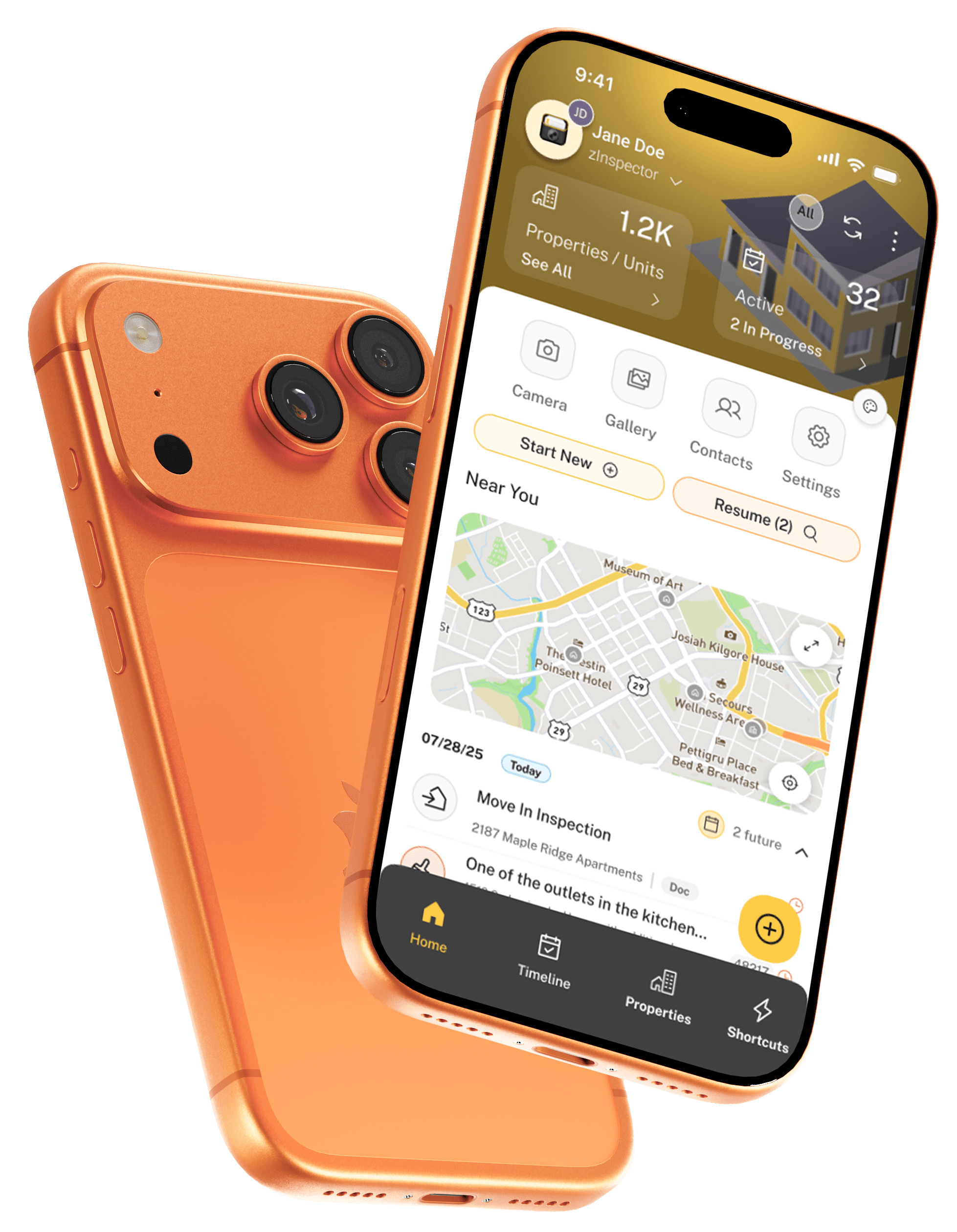 Orange smartphone showing a property management app with details and to-do tasks for 432 PARK Avenue 69.
