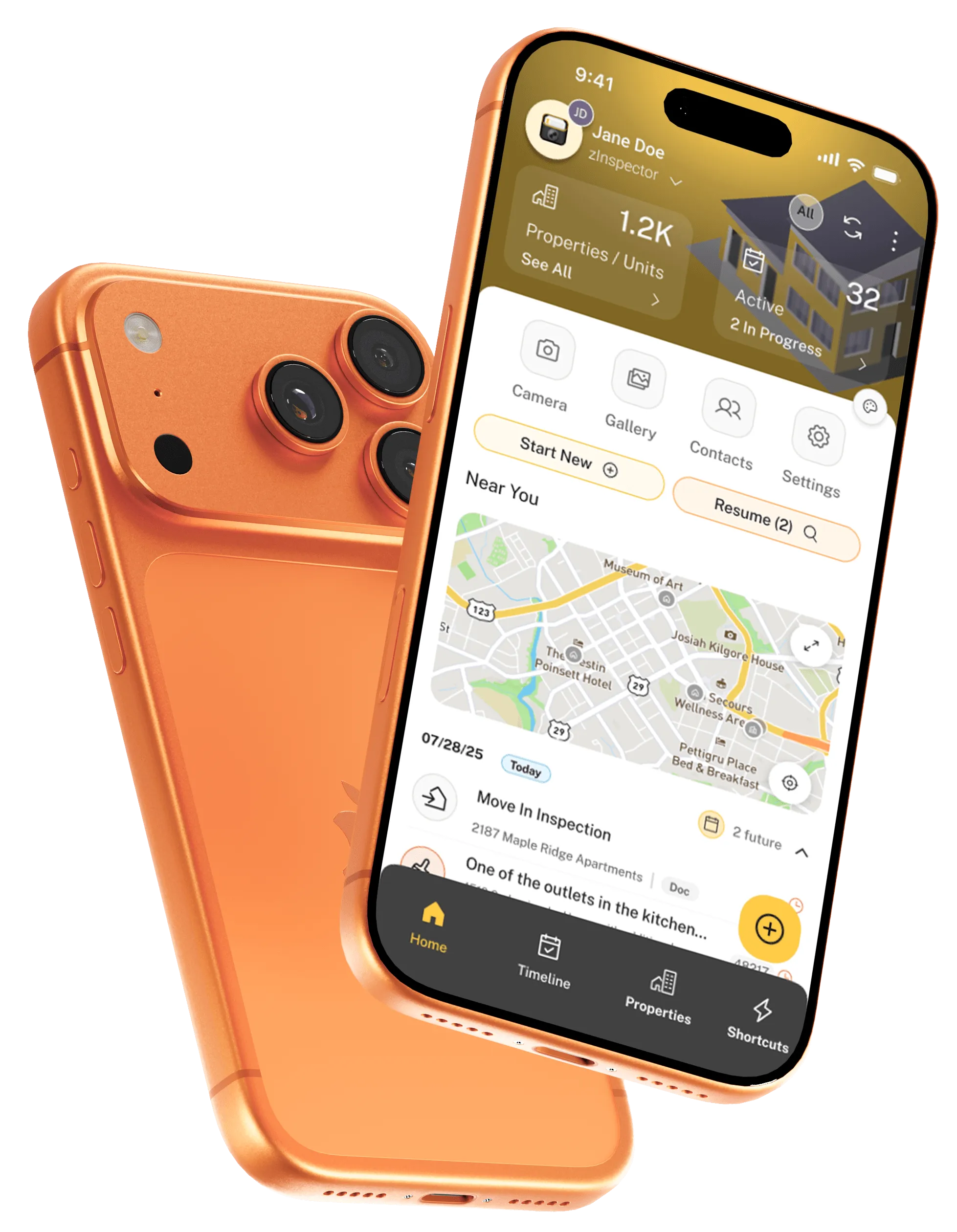 Orange smartphone showing a property management app with details and to-do tasks for 432 PARK Avenue 69.