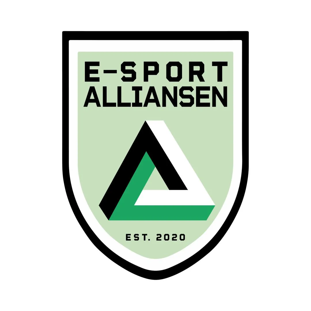 Logo for E-Sport Alliansen with a green, black, and white impossible triangle and text 'EST. 2020' on a light green shield.