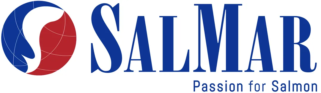 Salmar logo with a stylized fish inside a red and blue circle and the text 'Passion for Salmon'.