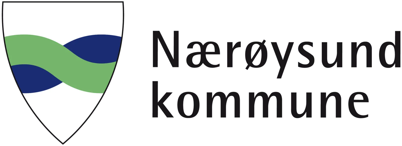 Skjold med blå og grønne bølgende bånd, logo for Nærøysund kommune.