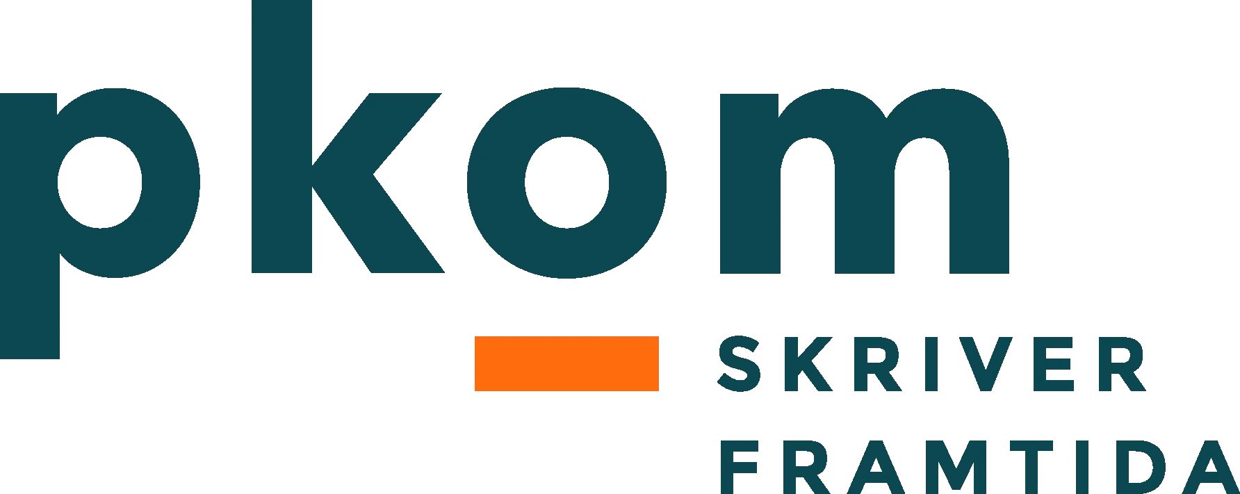 Pkom logo med tekst 'skriver framtida' under, inkludert et oransje rektangel