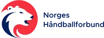 Logo med en hvit løvehode foran en rød halvsirkel og blå tekst 'Norges Håndballforbund'.