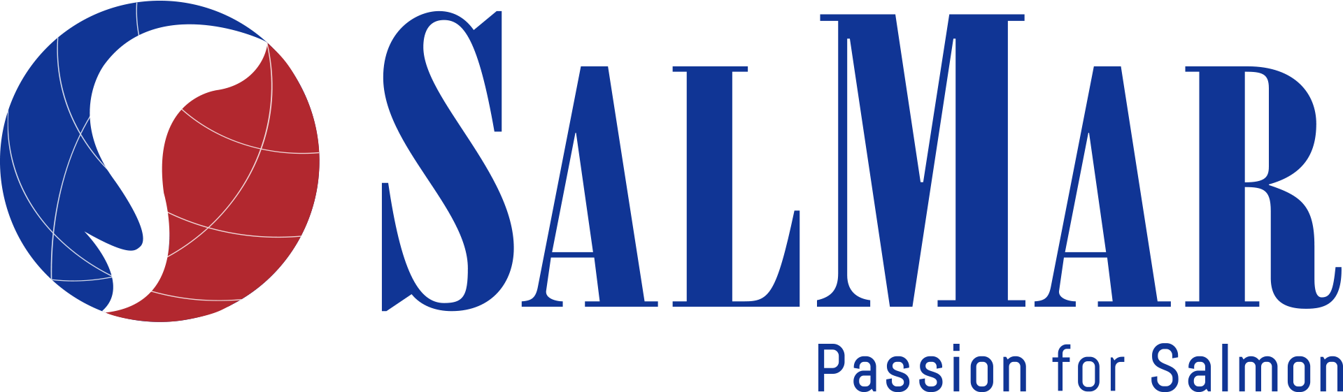 SalMar-logo med blått og rødt symbol og teksten Leidenschaft für laks.