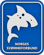 Logo med en hvit hai og teksten Norges Svømmeforbund på blå bakgrunn.