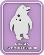 Hvitt pingvinikon med svarte prikker på en lilla bakgrunn med teksten Norges Svømmeforbund.