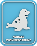 Logo med hvitt selikon på blå bakgrunn og teksten Norges Svømmeforbund.