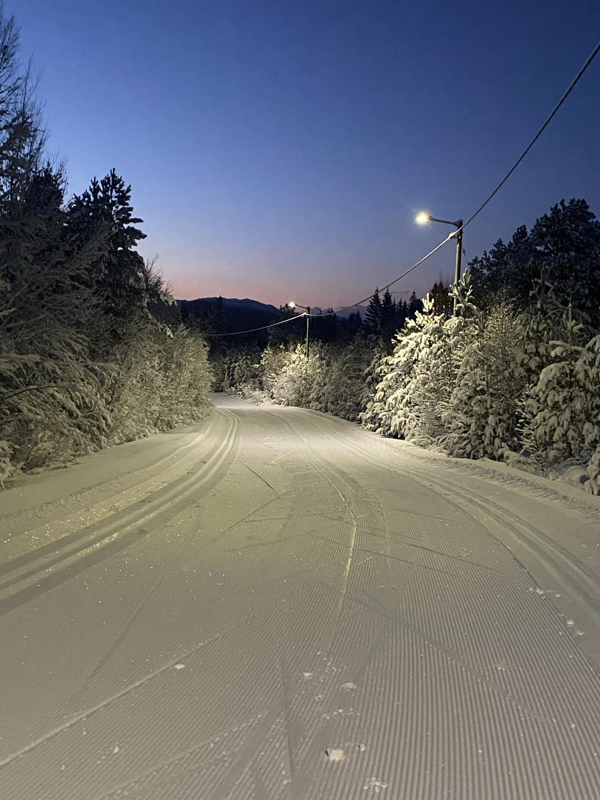 Belyst snødekt løype med skispor om kvelden, omgitt av snødekte trær.