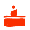 Red abstract shape with a small dot above a rounded horizontal bar and a rectangle below it.