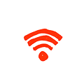 Red Wi-Fi signal icon with three curved bars above a circle on a black background.