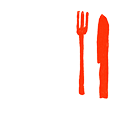 Red plastic fork and knife on a white background.