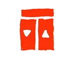 Abstract red shapes resembling two rectangles each with a small black triangle inside on white background.