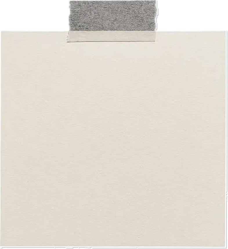 Blank square beige sticky note taped to a wall with a piece of gray masking tape.