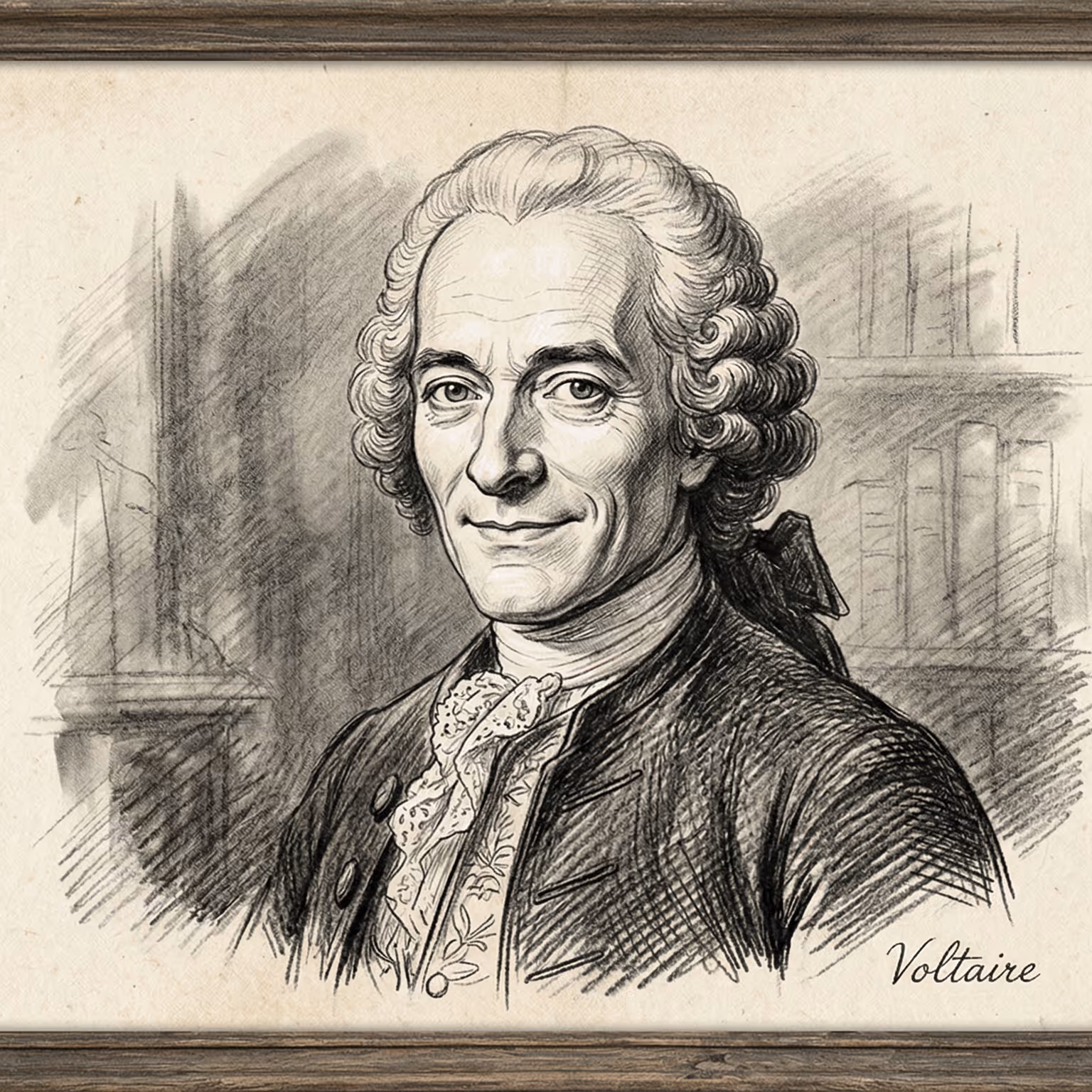 Black and white sketch portrait of Voltaire wearing 18th century clothing with curled hair, set against a background with bookshelves.