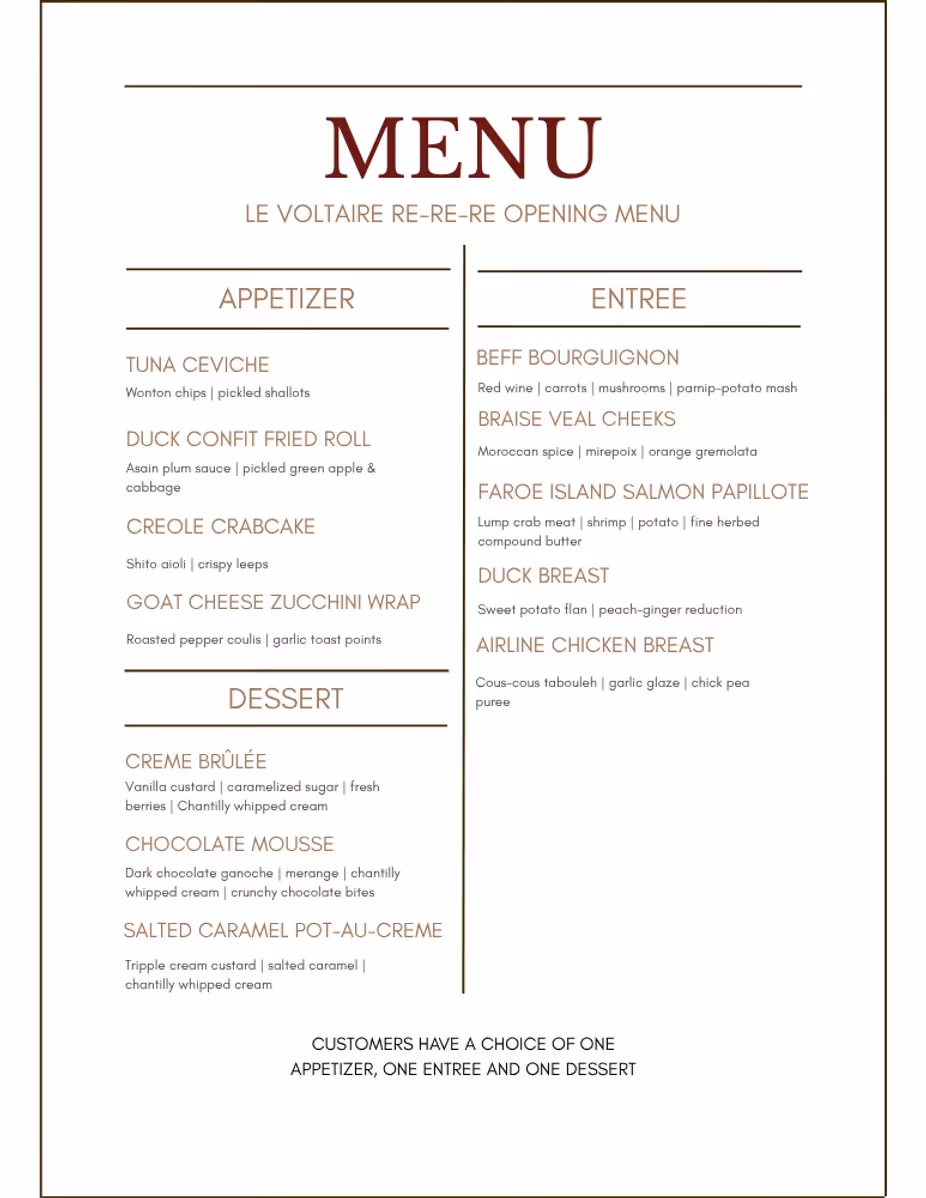 Menu titled 'Le Voltaire Re-Re-Re Opening Menu' featuring sections for Appetizer, Entree, and Dessert with various dishes and their descriptions.