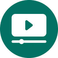 White video player icon with a play button and progress bar on a green circular background.