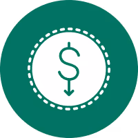 Dollar sign with a downward arrow inside a white circle on a green circular background.
