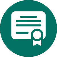 Icon of a white certificate with a ribbon on a green circular background.