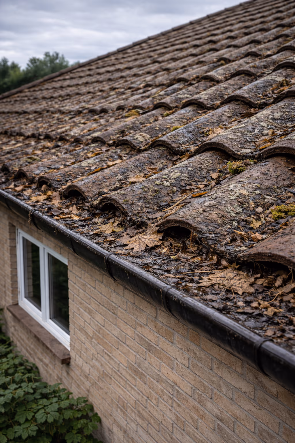 Toit en tuiles couvert de feuilles mortes et de mousse, avec gouttière obstruée sur une maison en briques.