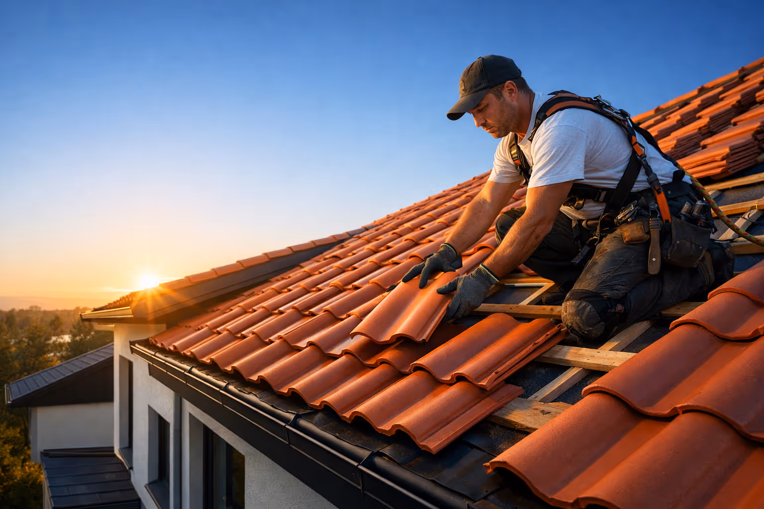 Un couvreur installe des tuiles rouges sur un toit au lever du soleil.