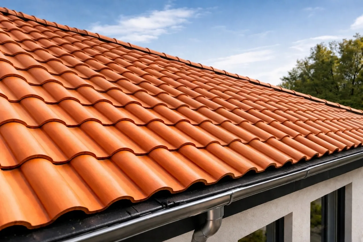 Toit de maison avec tuiles en terre cuite rouge et gouttière en métal sous un ciel bleu avec quelques nuages.