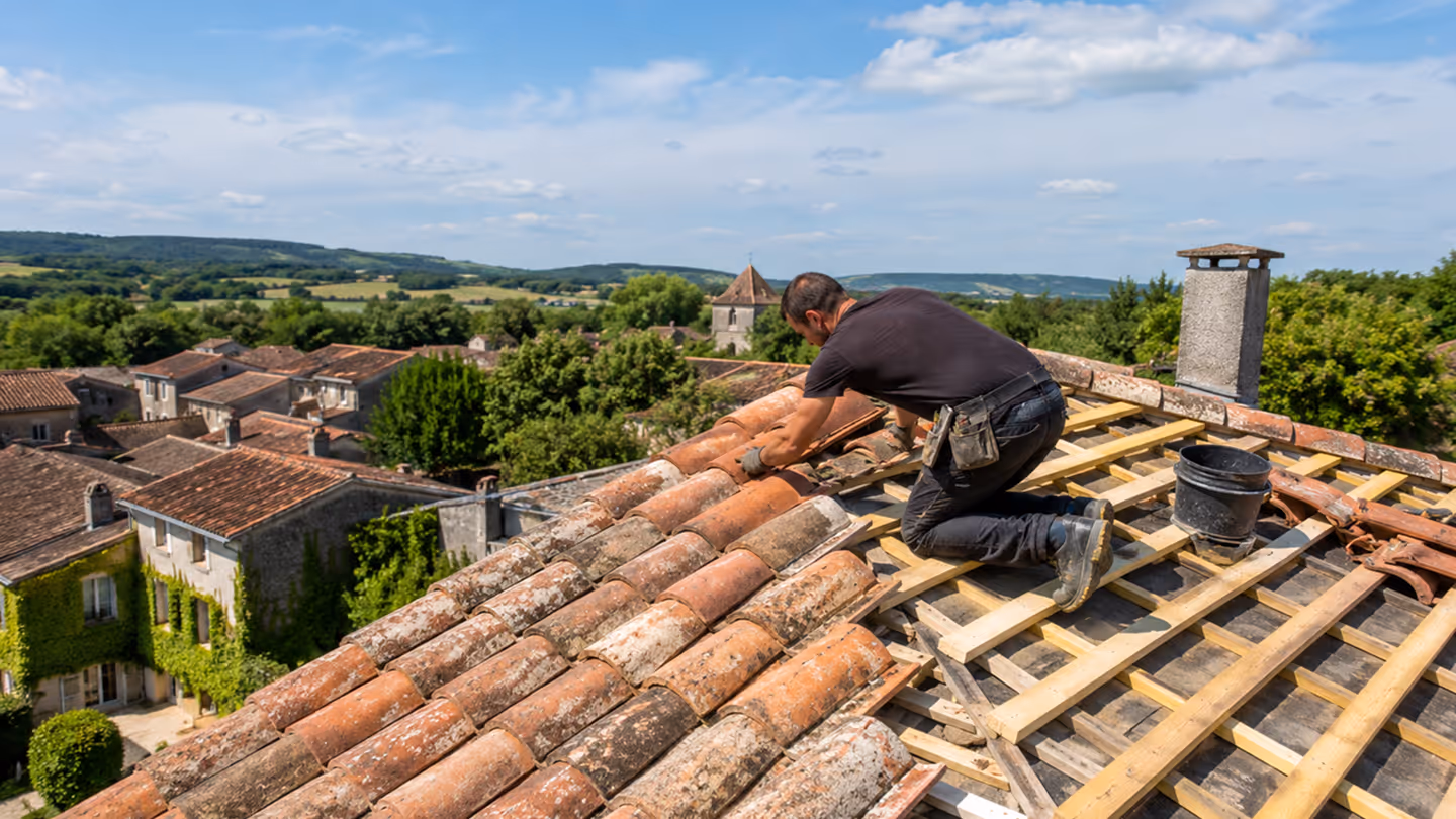 Un couvreur installe des tuiles rouges sur un toit au lever du soleil.