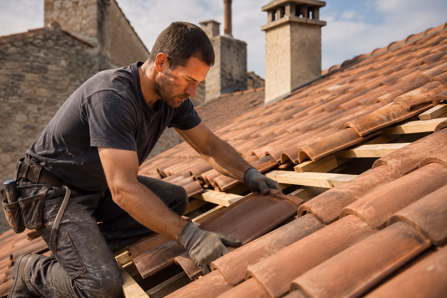 Artisan intervenant sur une toiture