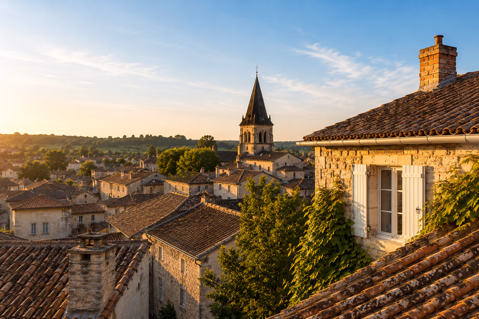 Village pittoresque avec maisons en pierre, toits en tuile et clocher sous un ciel clair au coucher du soleil.
