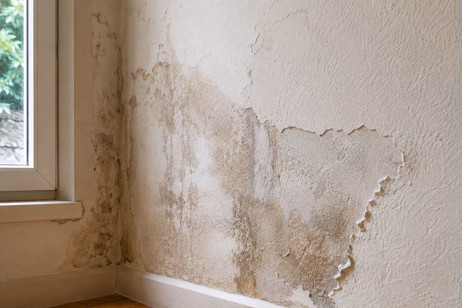 Traces d’humidité et infiltrations visibles sur un mur extérieur