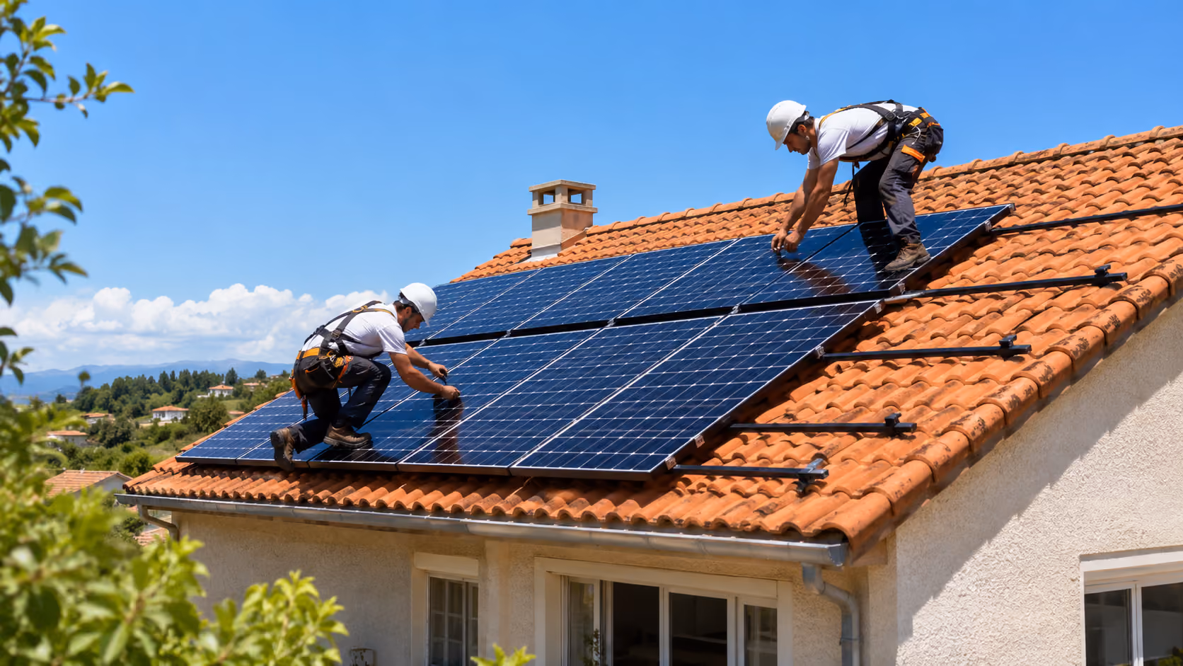 Installation de panneaux solaires sur une toiture.
