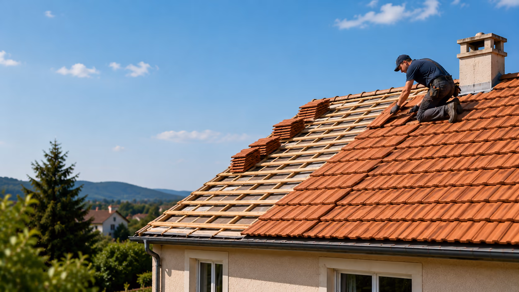 Couvreur nettoyant une toiture à haute pression.