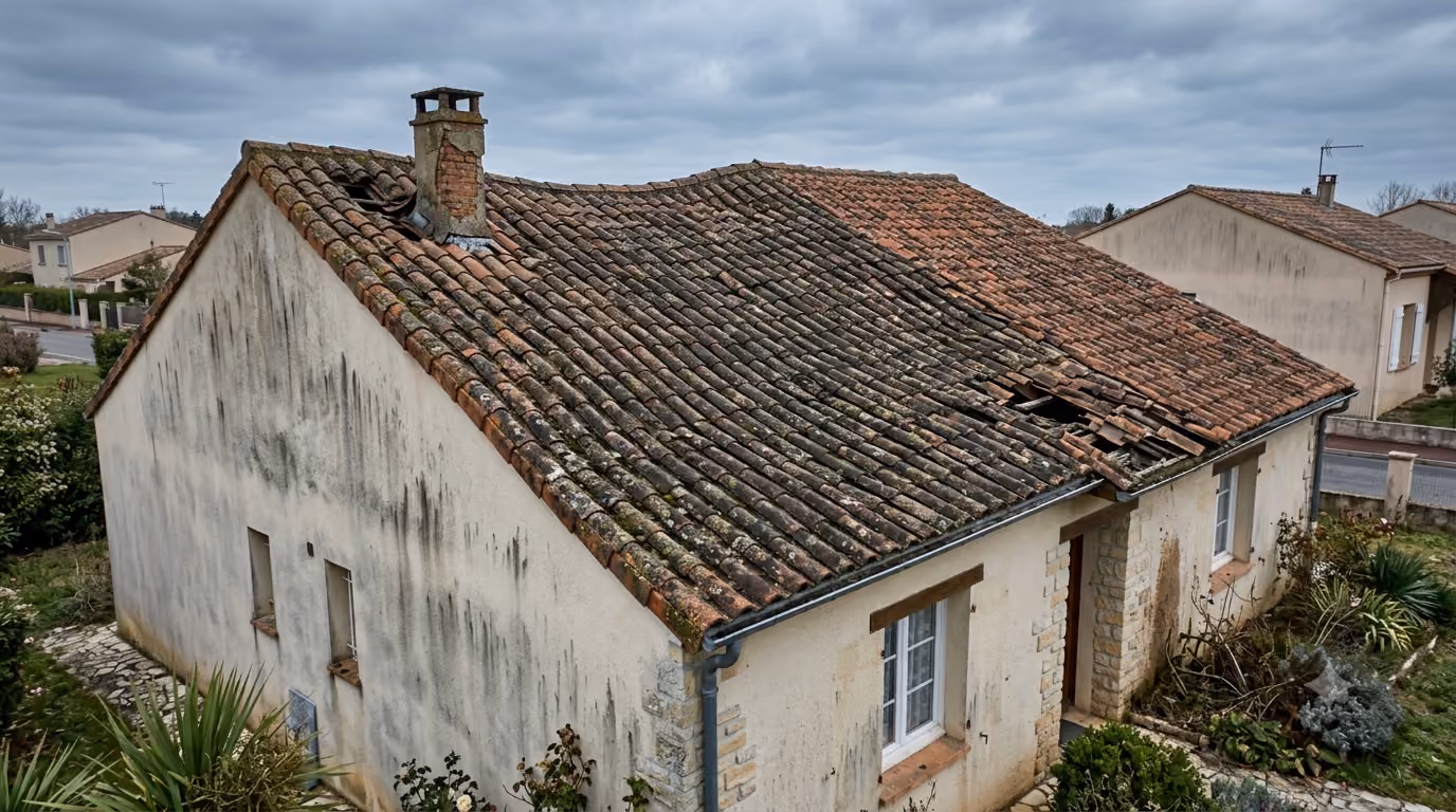 Toiture vieillissante nécessitant une rénovation