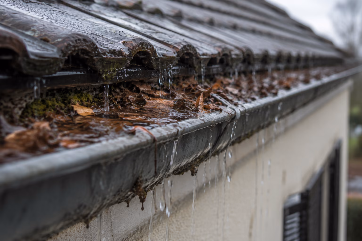 Accumulation d’eau au niveau d’une toiture et de sa gouttière.