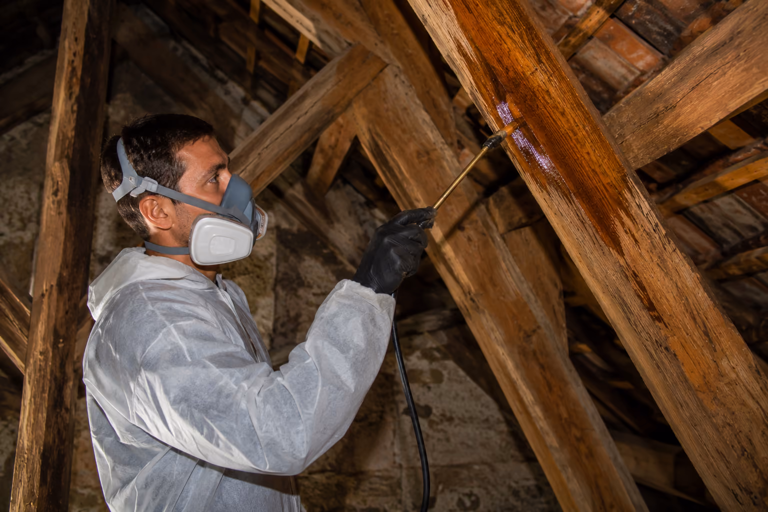 Professionnel appliquant un traitement sur une charpente en bois.