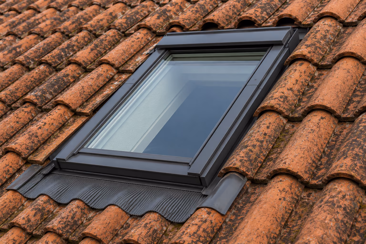 Fenêtre de toit Velux intégrée à une couverture en tuiles.