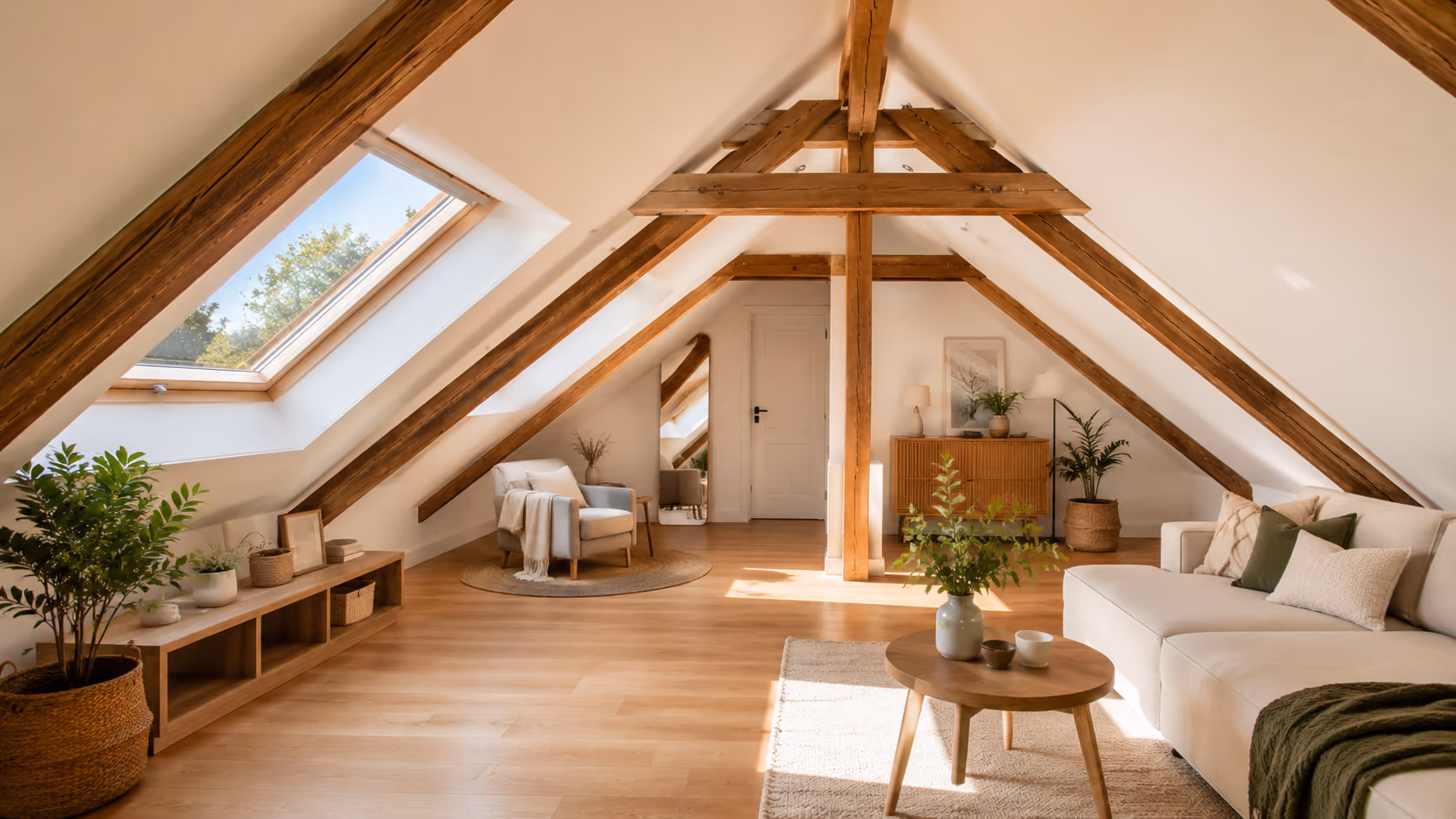 Toit de maison avec tuiles en terre cuite rouge et gouttière en métal sous un ciel bleu avec quelques nuages.