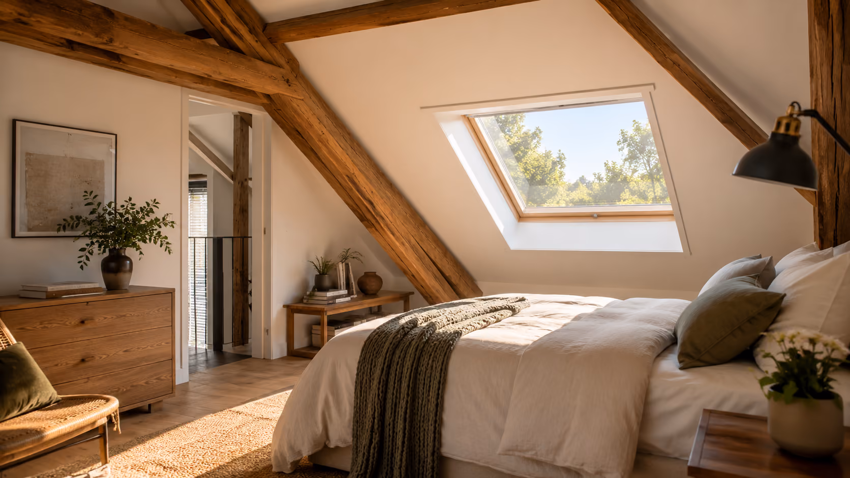 Chambre sous combles éclairée par une fenêtre de toit Velux.