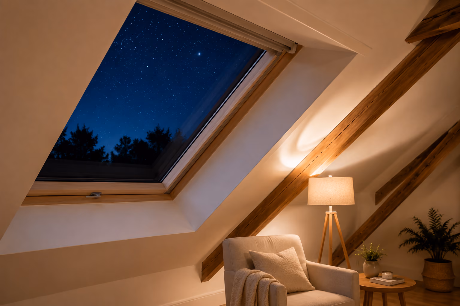 Fenêtre de toit Velux ouverte sur un ciel étoilé dans des combles aménagés.