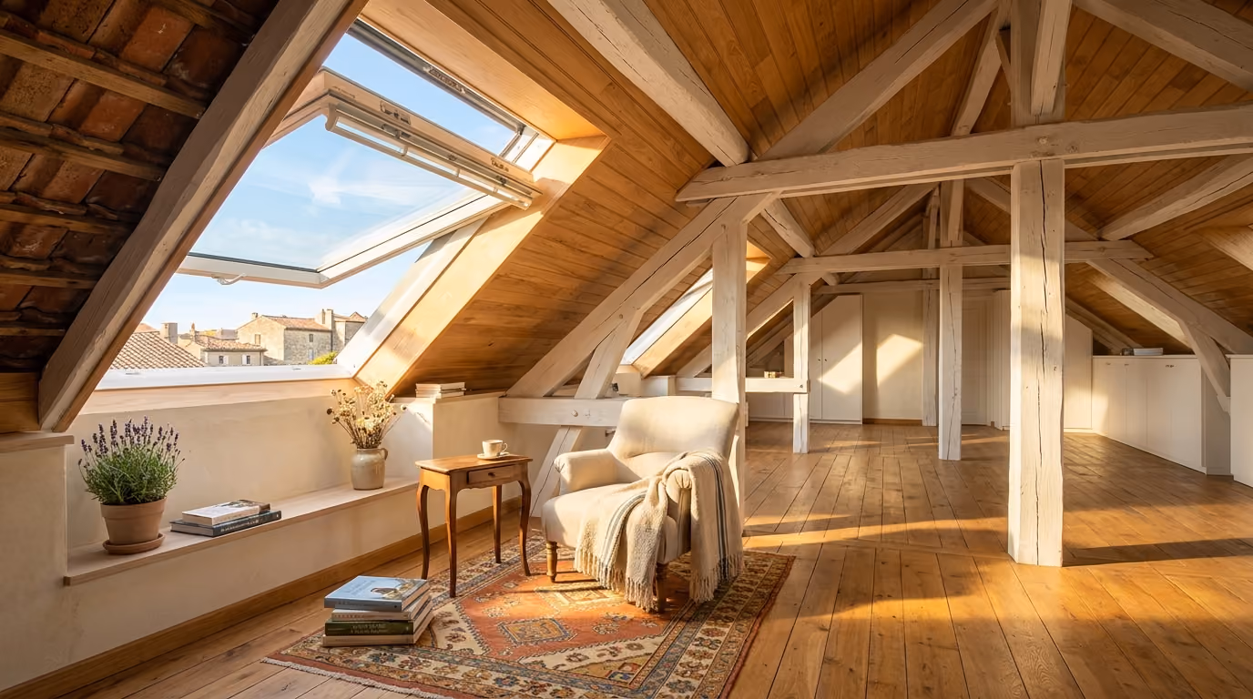 Intérieur lumineux grâce à une fenêtre de toit Velux.